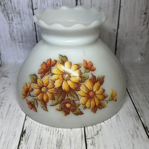 Milk Glass Hurricane Lamp Globe Flower Yellow Pink Vintage Table Light Shade 8" - Picture 1 of 7